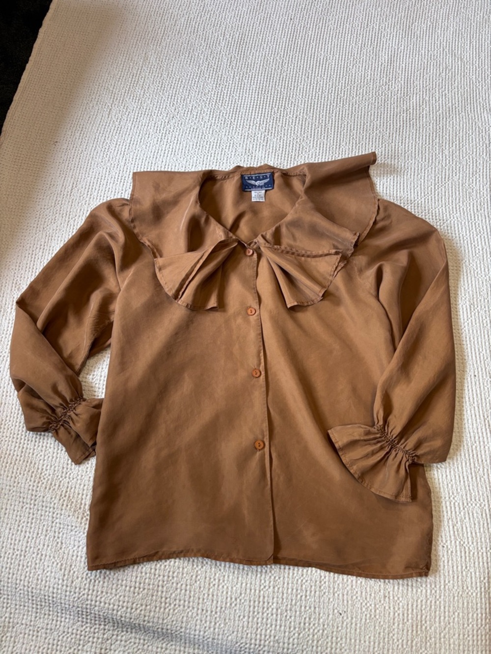 100% Silk Elegant Brown Ruffle Blouse, Best American Clothing Co., EUC, Medium - Picture 13 of 15